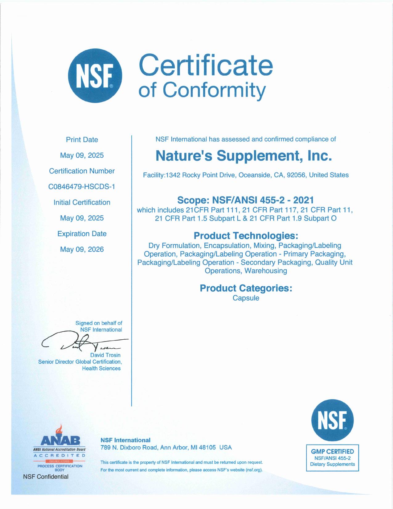 NSF Certificate of Conformity issued to Nature's Supplements Inc., certificate number C0846479-HSCDS-1, NSF/ANSI 455-2 scope for capsule dietary supplements